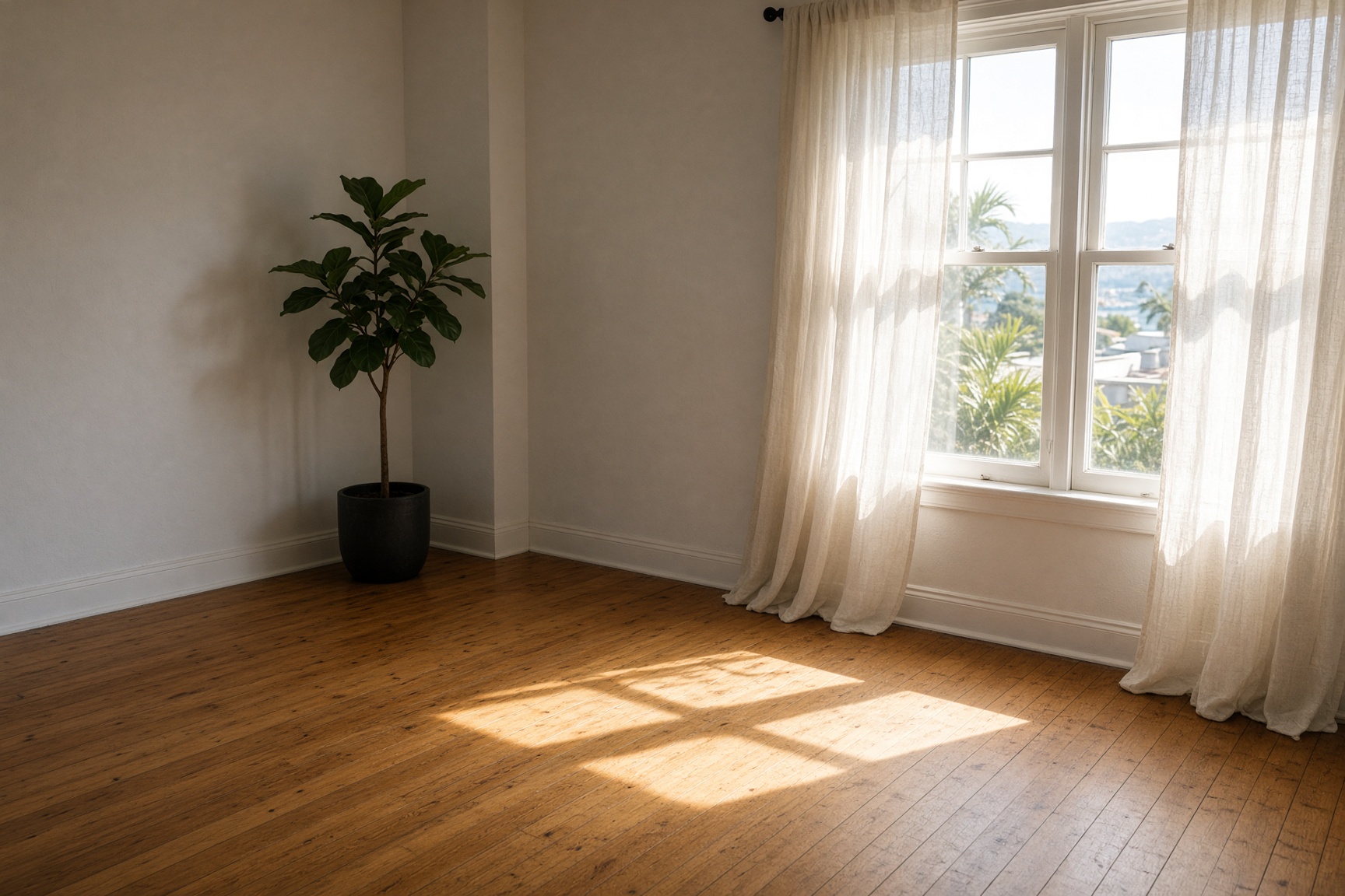 Sunlit empty San Diego bedroom after the mattress has been removed
