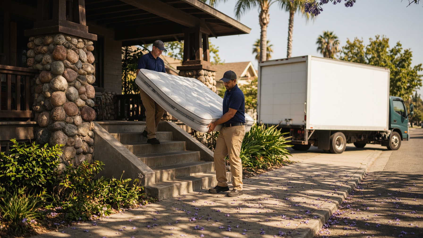 Two movers carrying a queen mattress down the porch of a Mission Hills Craftsman, truck waiting at the curb
