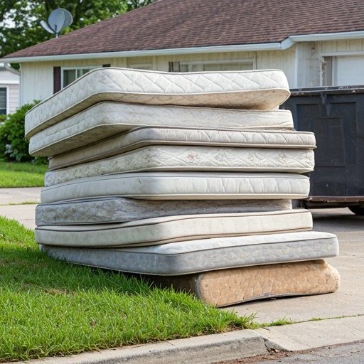 Tall stack of mattresses on a driveway ready for pickup