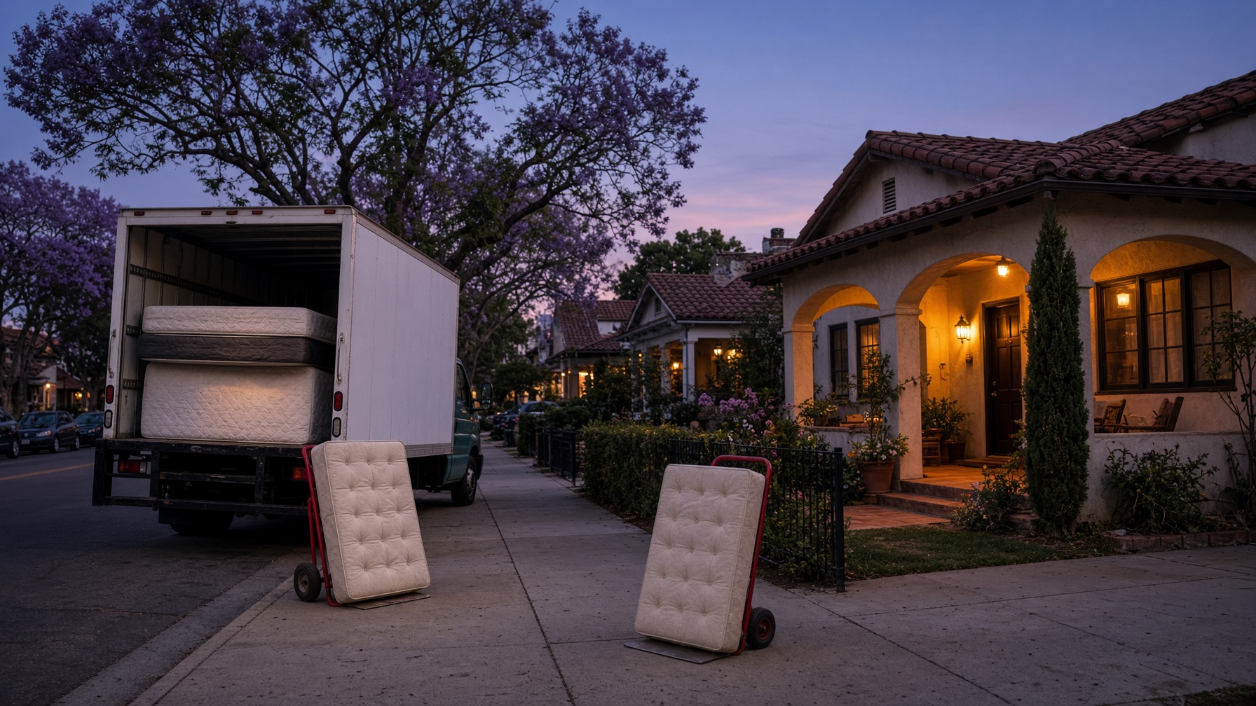 Box truck at dusk on a North Park street, mattresses loaded, box spring on a dolly