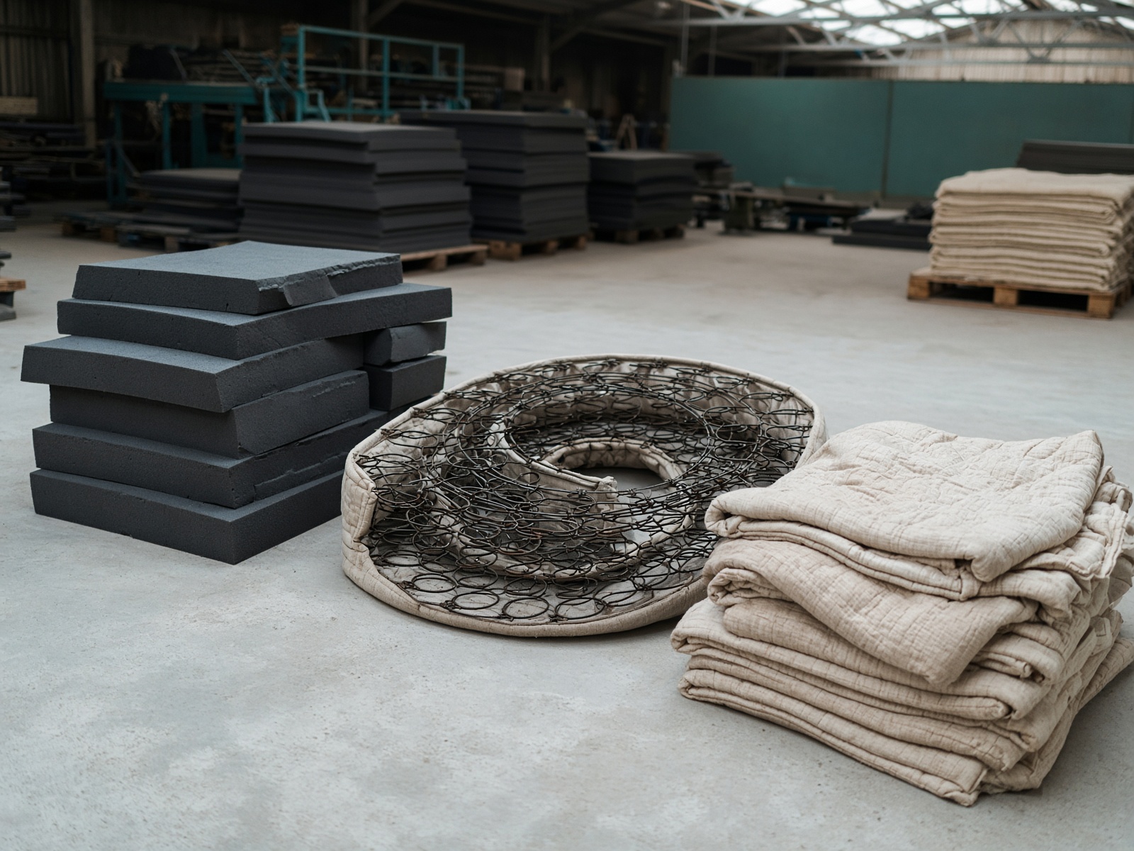 Deconstructed mattress: steel coils, foam blocks, and cotton batting sorted on a warehouse floor