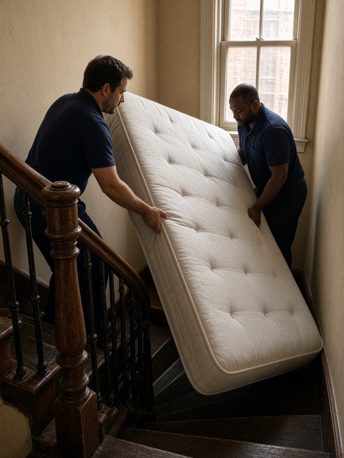 Two movers pivoting a king mattress around a tight 1920s stairwell